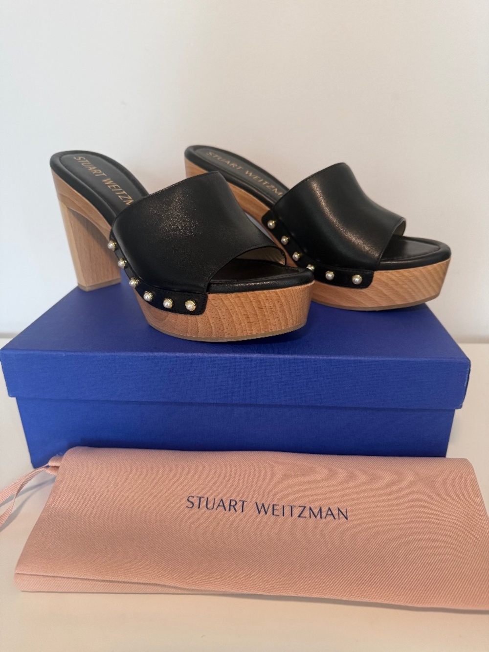 Stuart Weitzman Pearl Clog 85 Black Leather Sandals Size 8.5